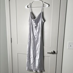 bebe Silver Satin Midi Dress with Cowl Neck